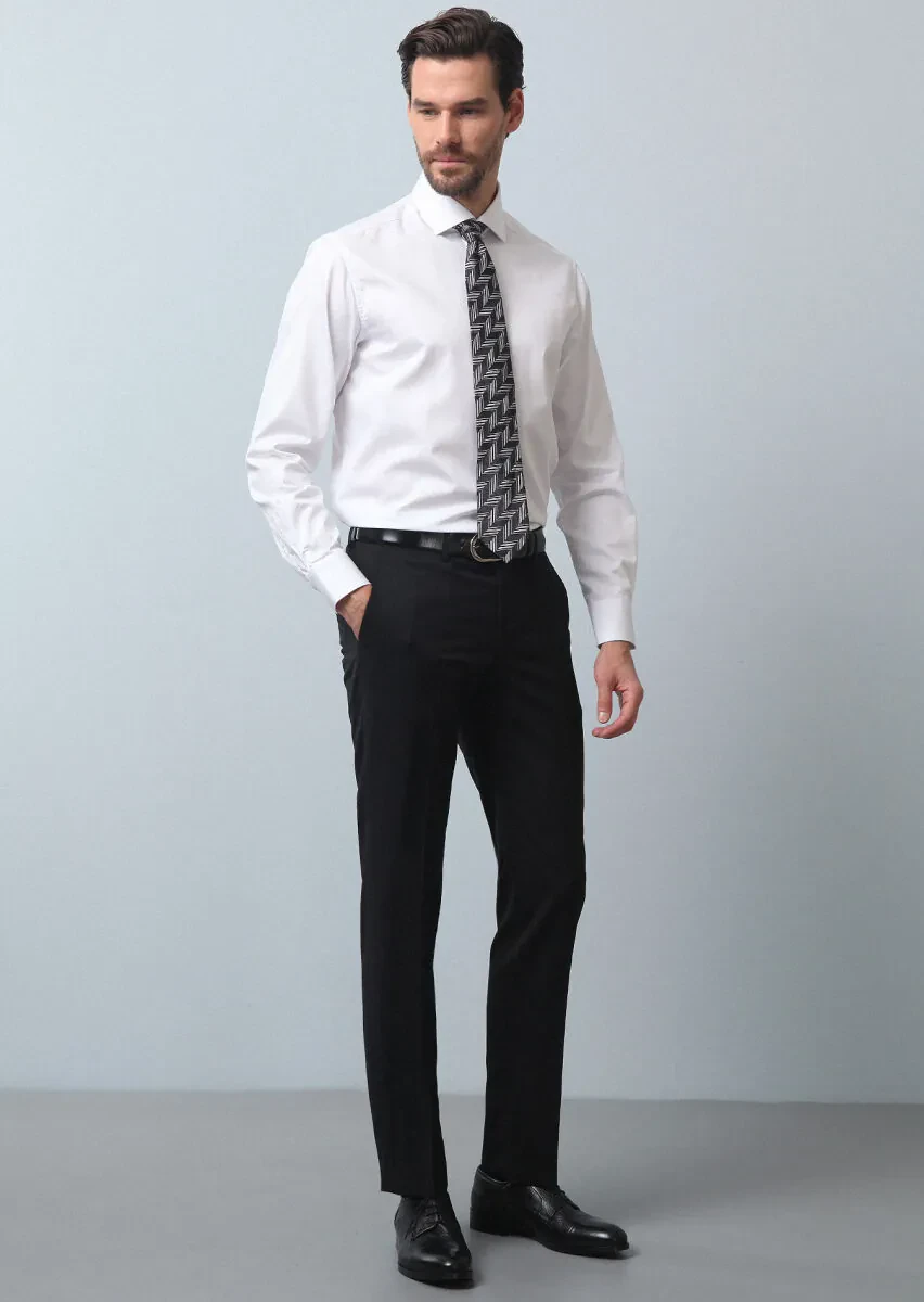 Black Material Modern Fit Classical 100% Wool Trousers - 1