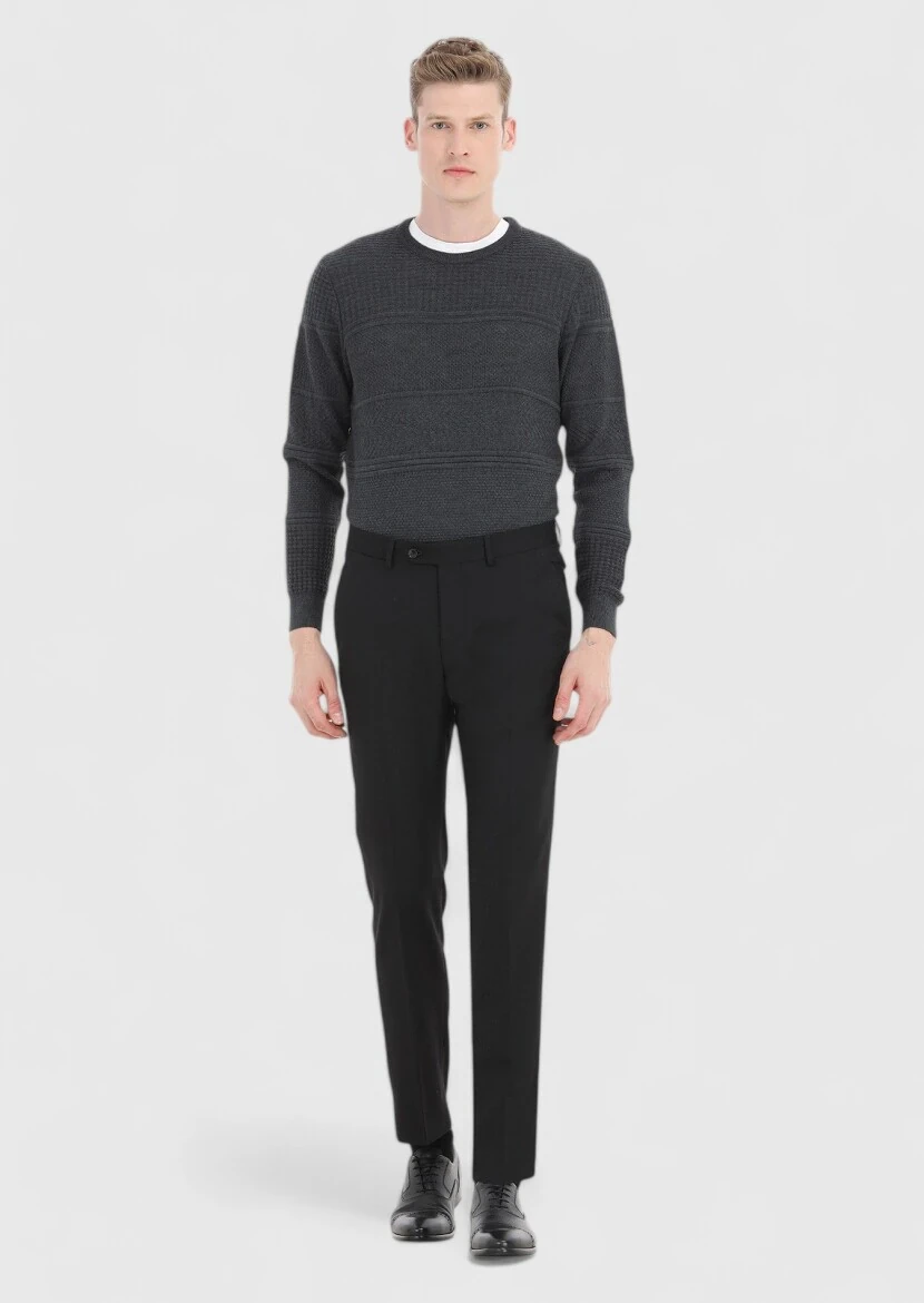 Black Material Modern Fit Classical Wool Blended Trousers - 1