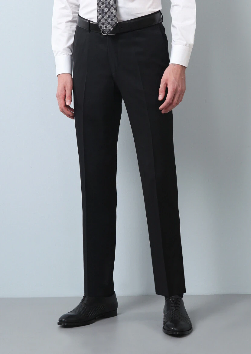Black Material Regular Fit Classical 100% Wool Trousers - RAMSEY