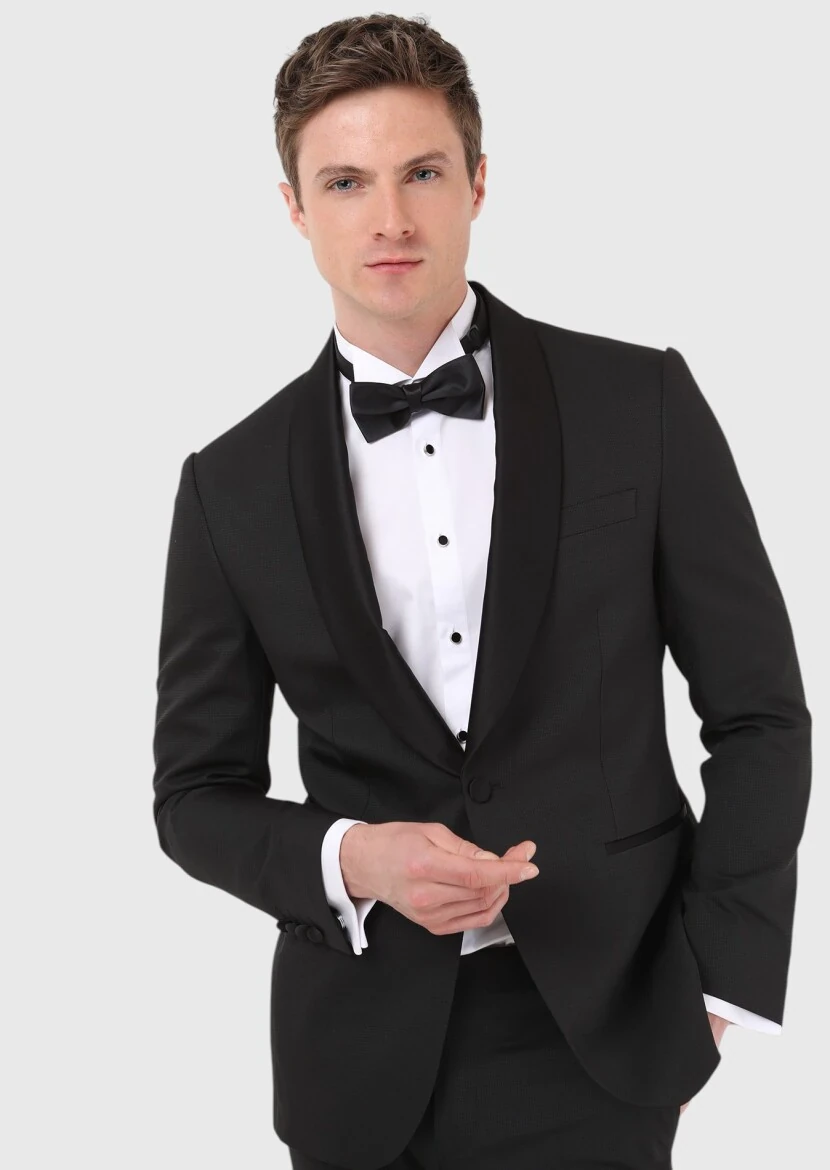 Black Micro Modern Fit Shawl Collar Weaving Tuxedo - RAMSEY
