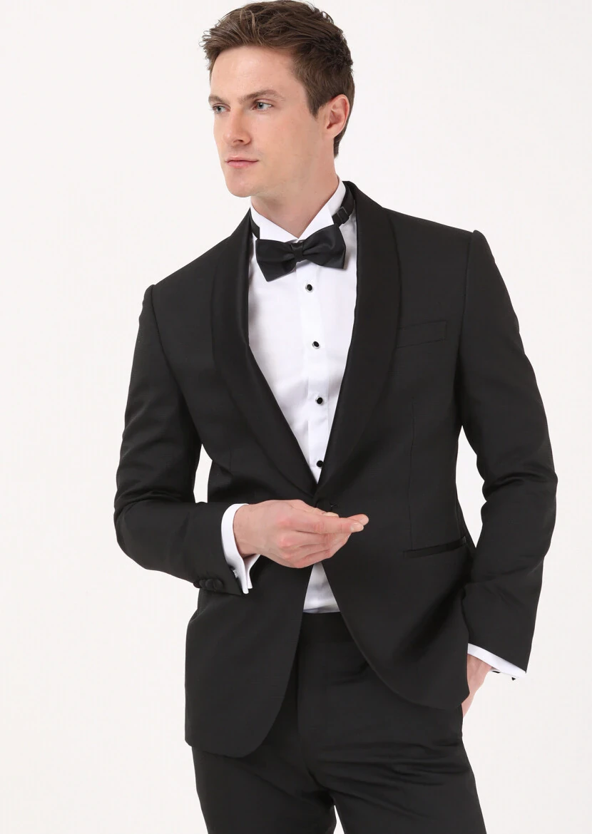 Black Micro Modern Fit Shawl Collar Weaving Tuxedo - RAMSEY