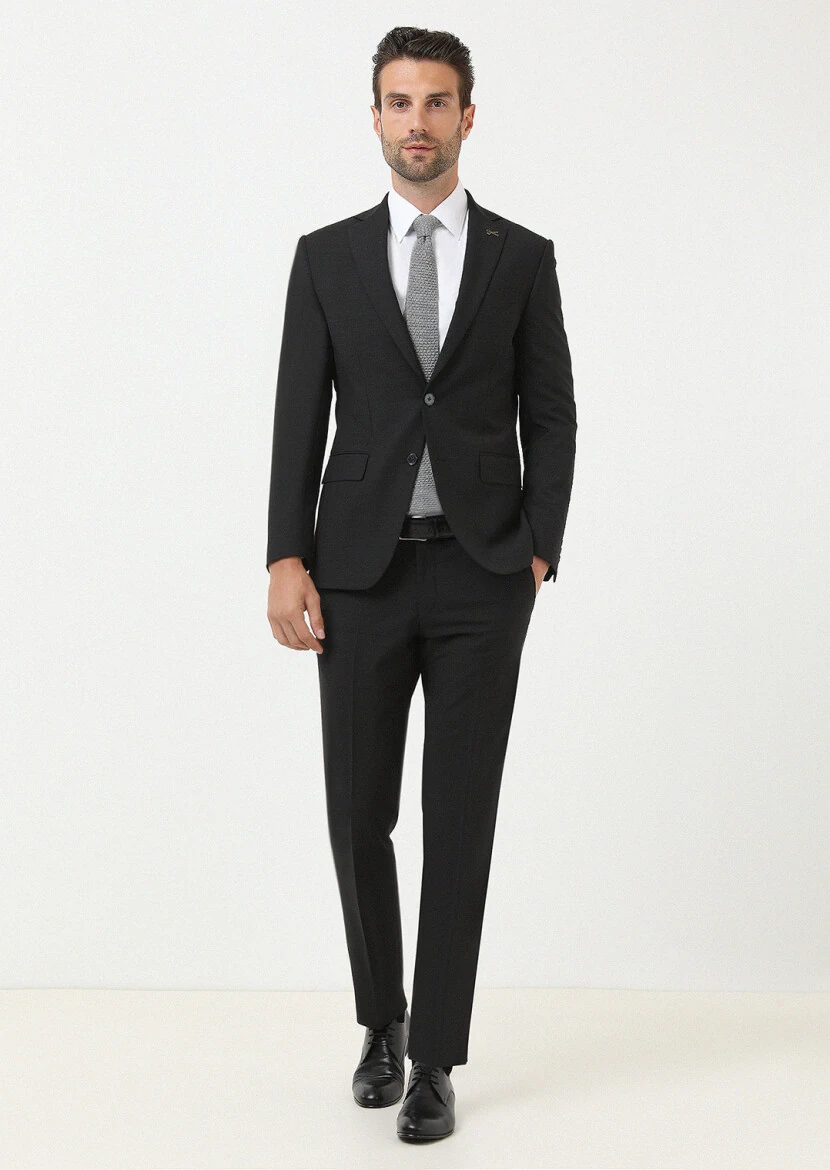Black Micro Modern Fit Wool Blended Suit - 1