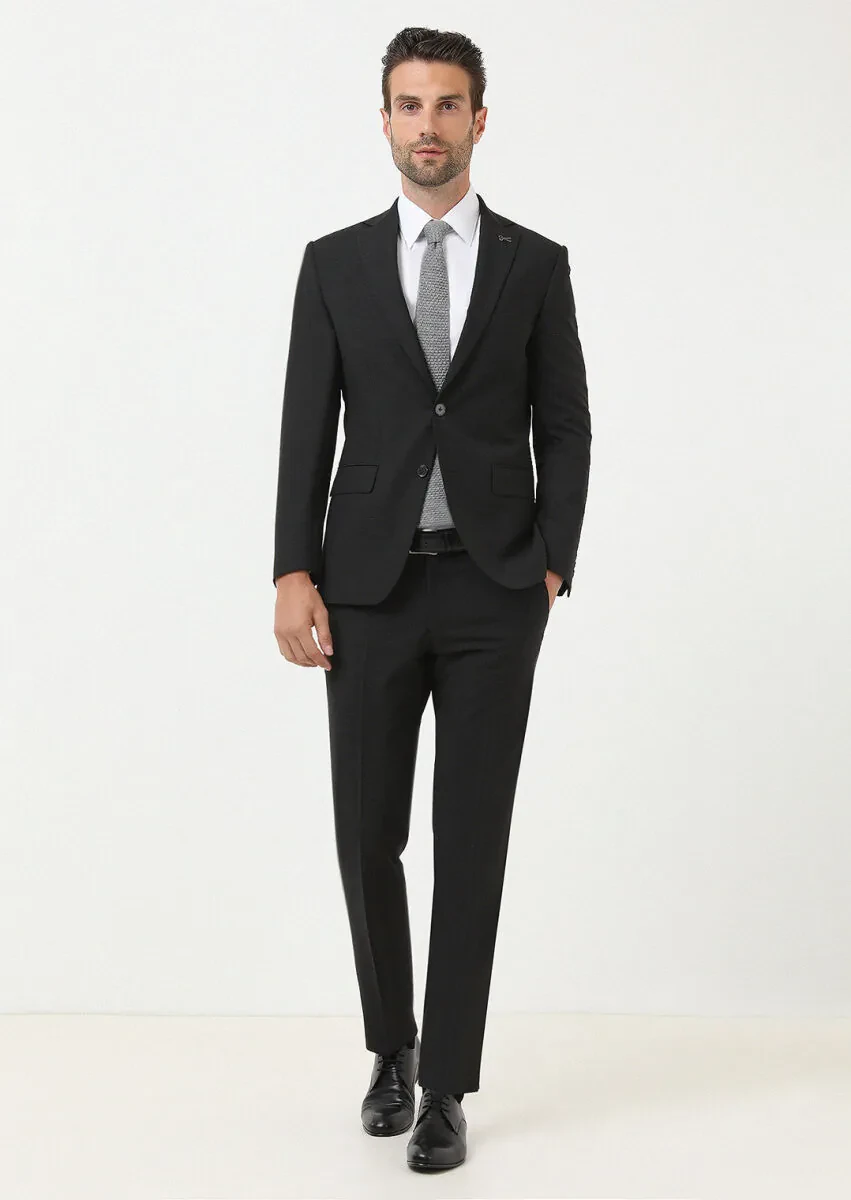Black Micro Modern Fit Wool Blended Suit - 1