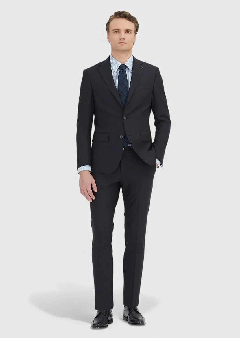 Black Micro Modern Fit Wool Blended Suit - 1