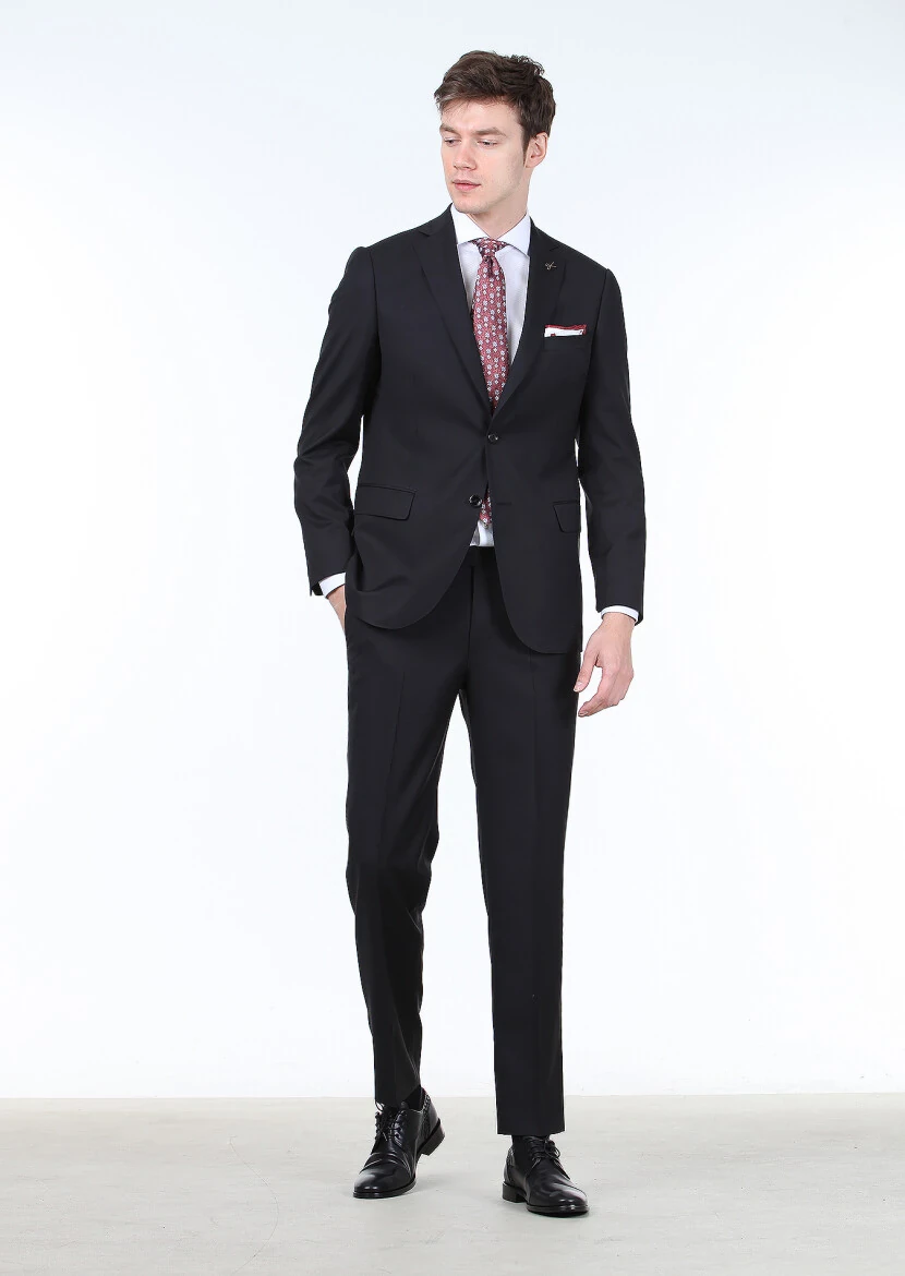 Black Micro Regular Fit 100% Wool Suit - 1