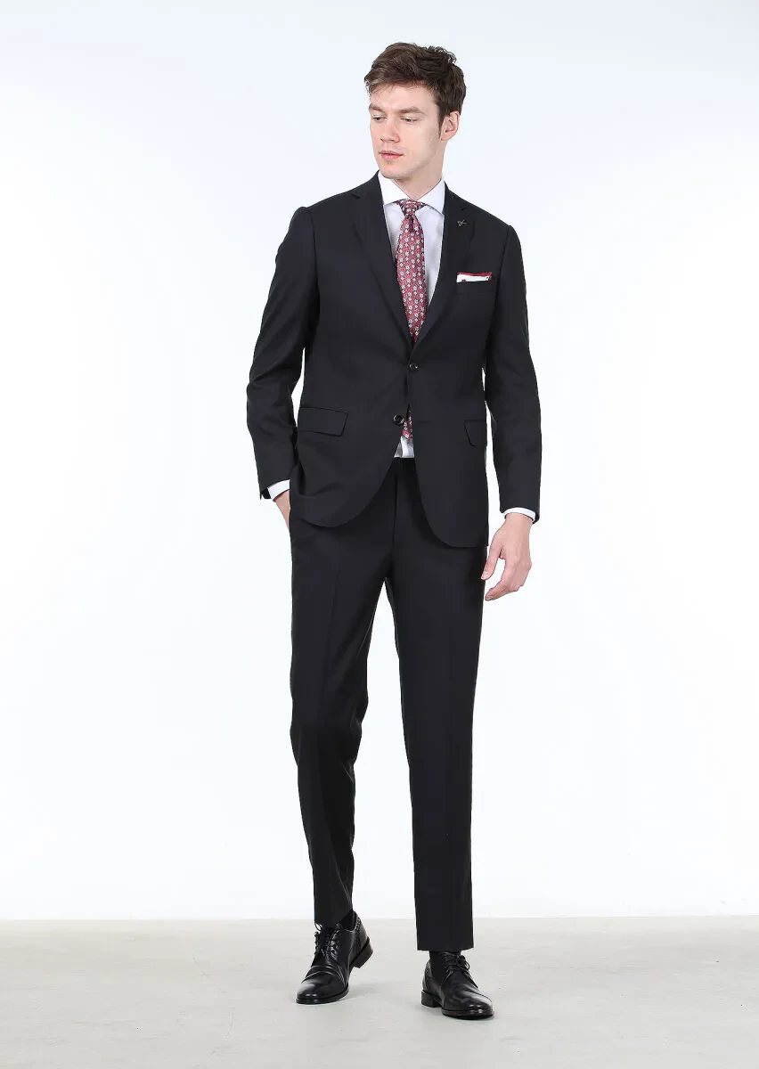 Black Micro Regular Fit 100% Wool Suit - 1