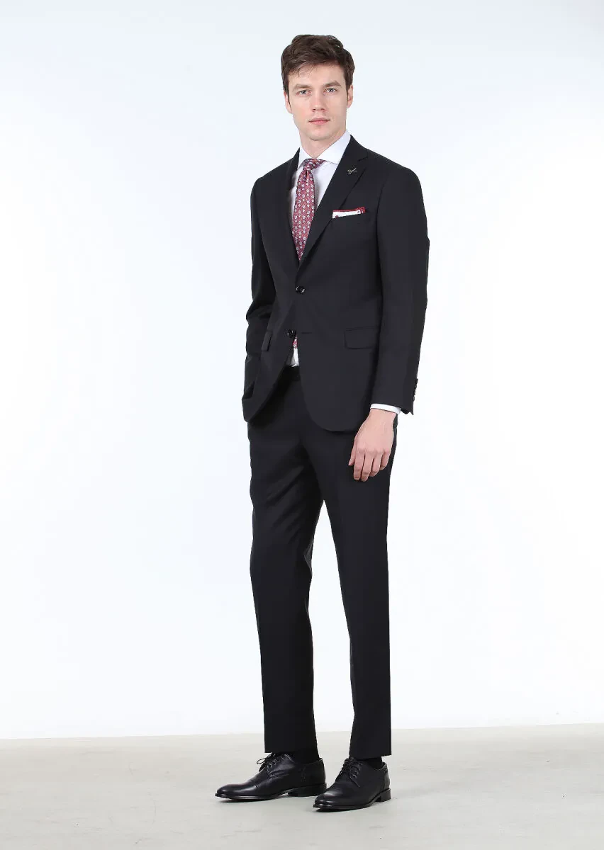 Black Micro Regular Fit 100% Wool Suit - 2