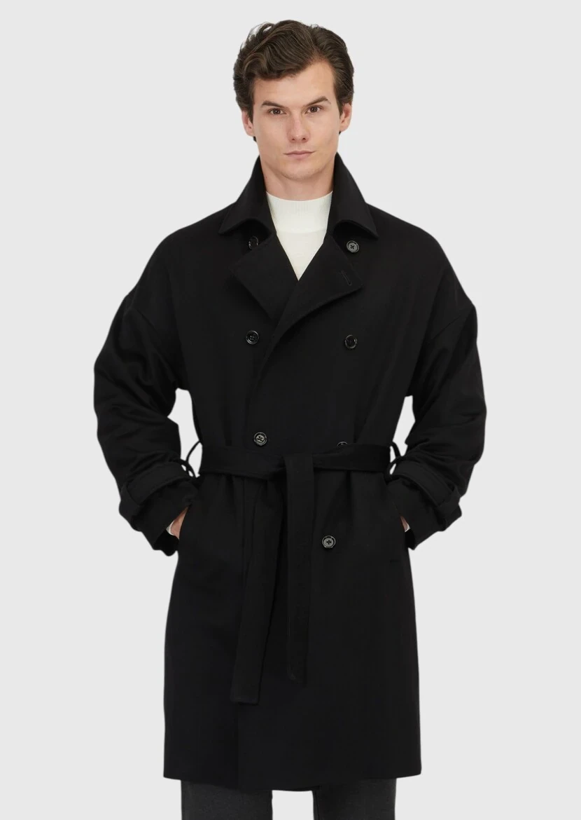 Black Oversize Fit Casual Weaving Overcoat - RAMSEY