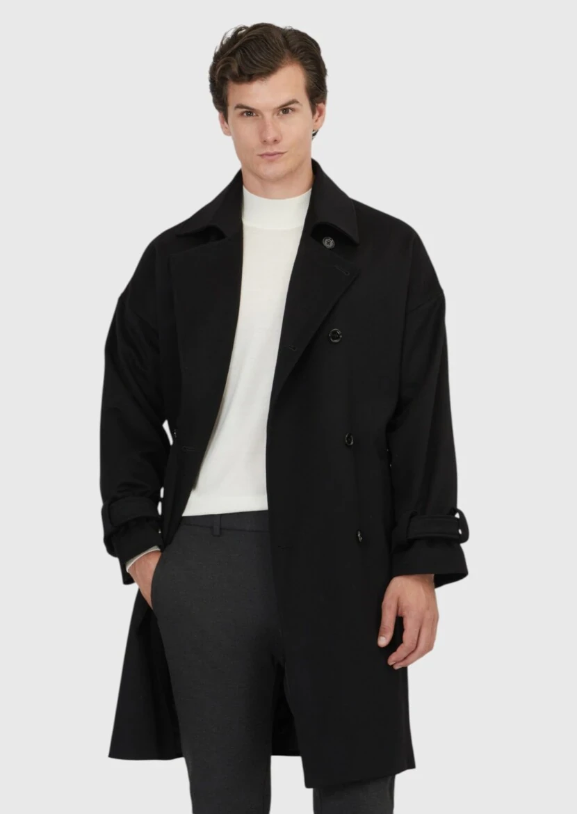 Black Oversize Fit Casual Weaving Overcoat - 3