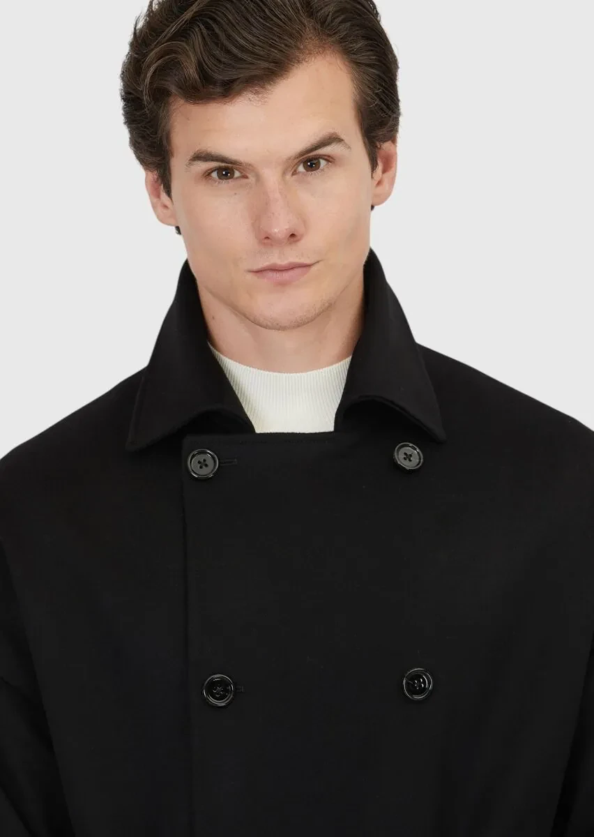 Black Oversize Fit Casual Weaving Overcoat - 4