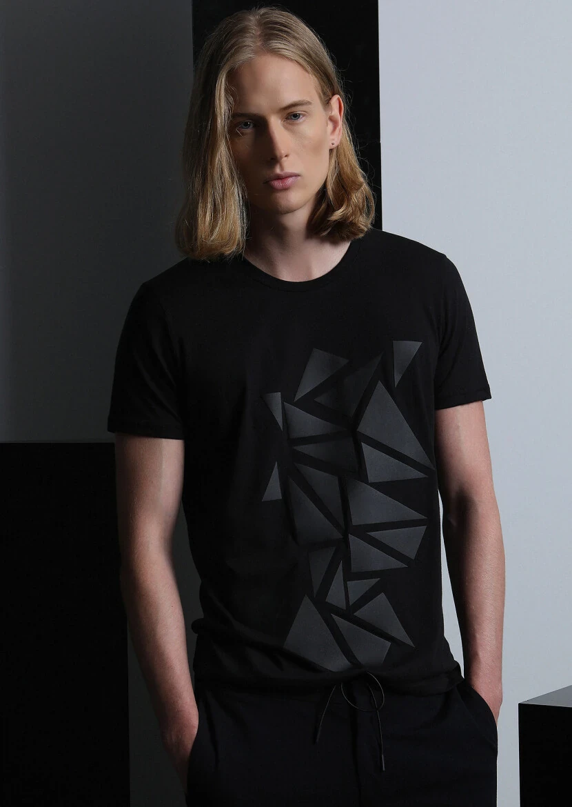 Black Patterned 100% Cotton T-Shirt - 1