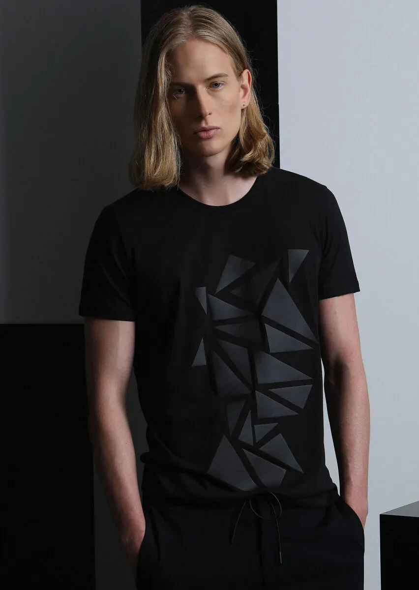 Black Patterned 100% Cotton T-Shirt - 1