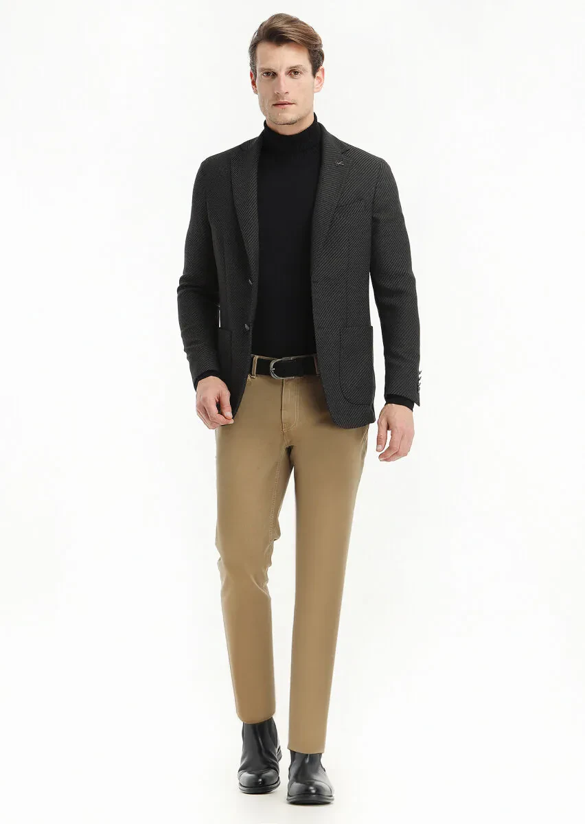 Black Patterned Comfort Fit Wool Blended Jacket - 1