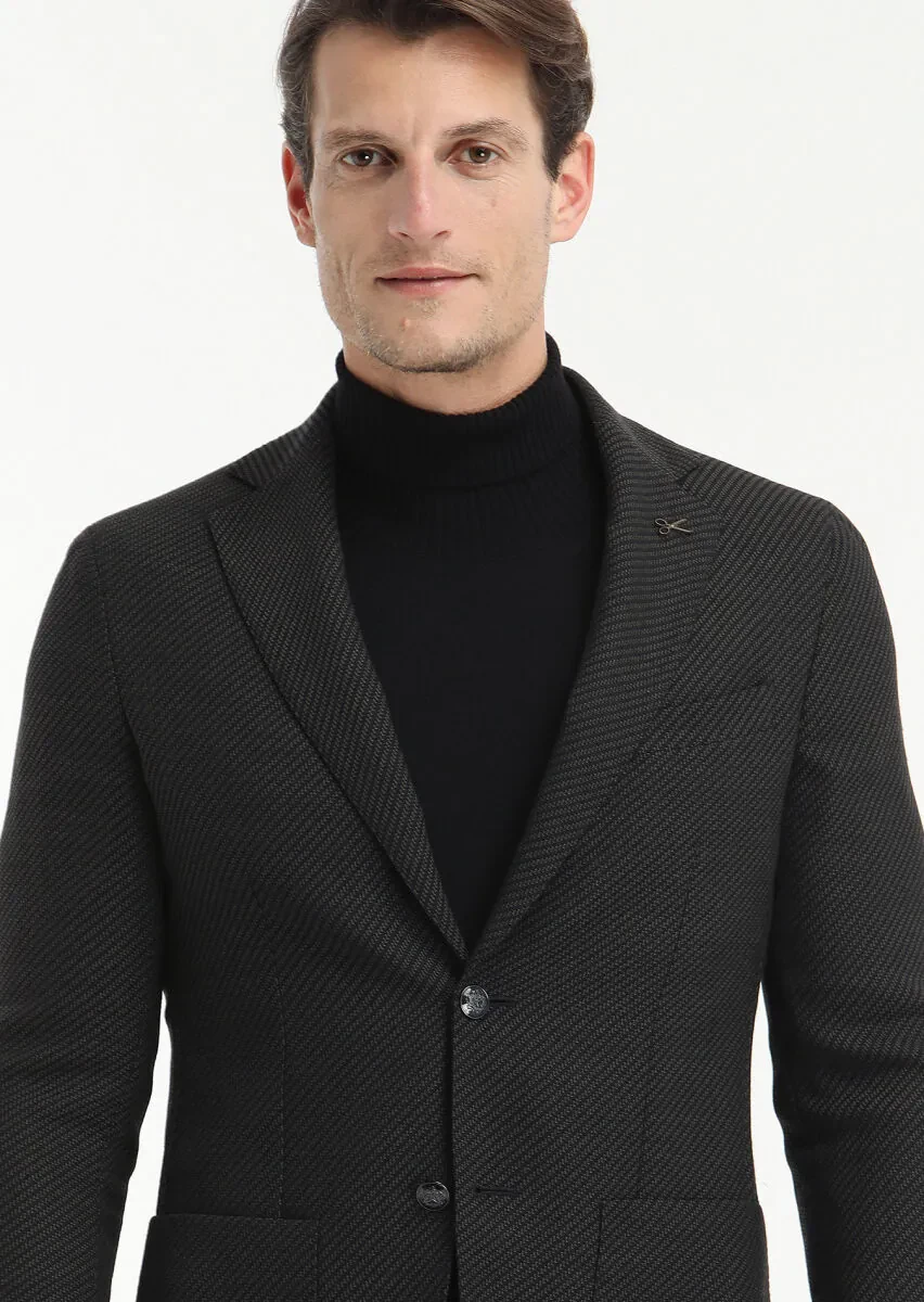 Black Patterned Comfort Fit Wool Blended Jacket - 2