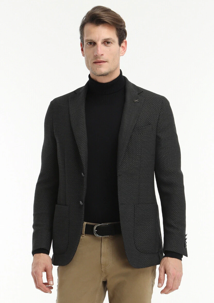Black Patterned Comfort Fit Wool Blended Jacket - 3