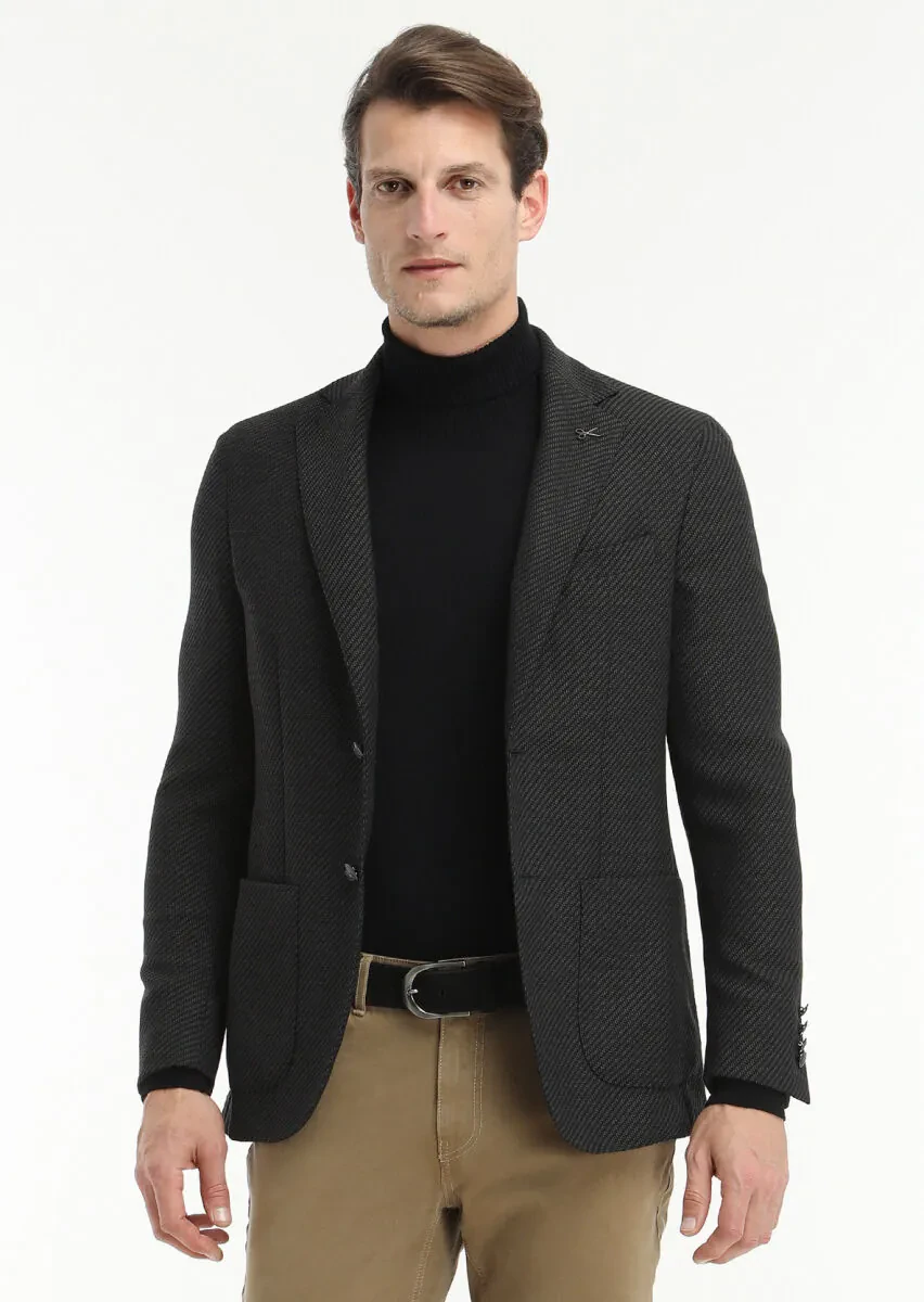 Black Patterned Comfort Fit Wool Blended Jacket - 3