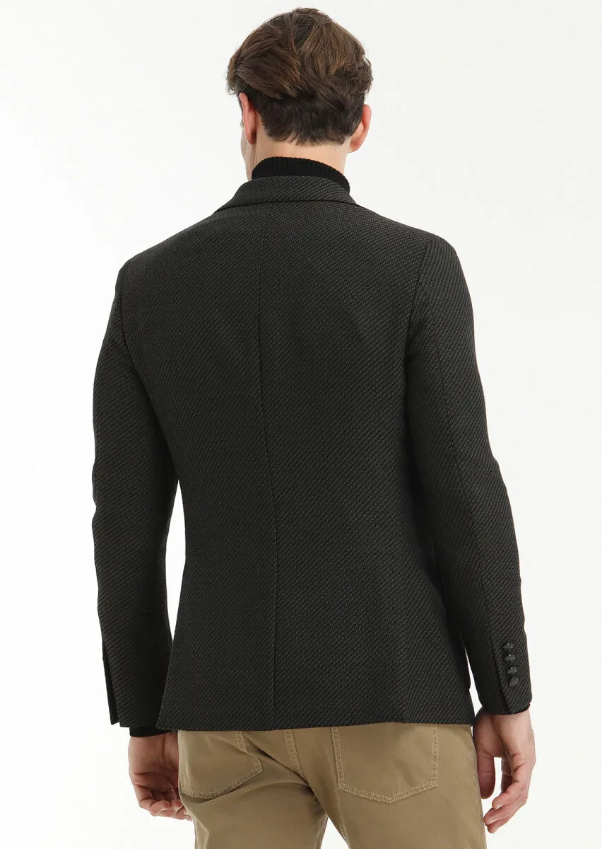 Black Patterned Comfort Fit Wool Blended Jacket - 4
