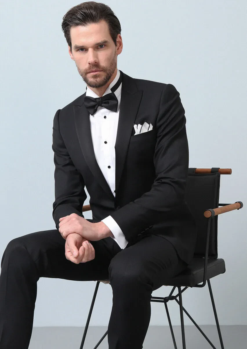 Black Patterned Fashion Slim Fit Double Breasted Collar Weaving Tuxedo - 3