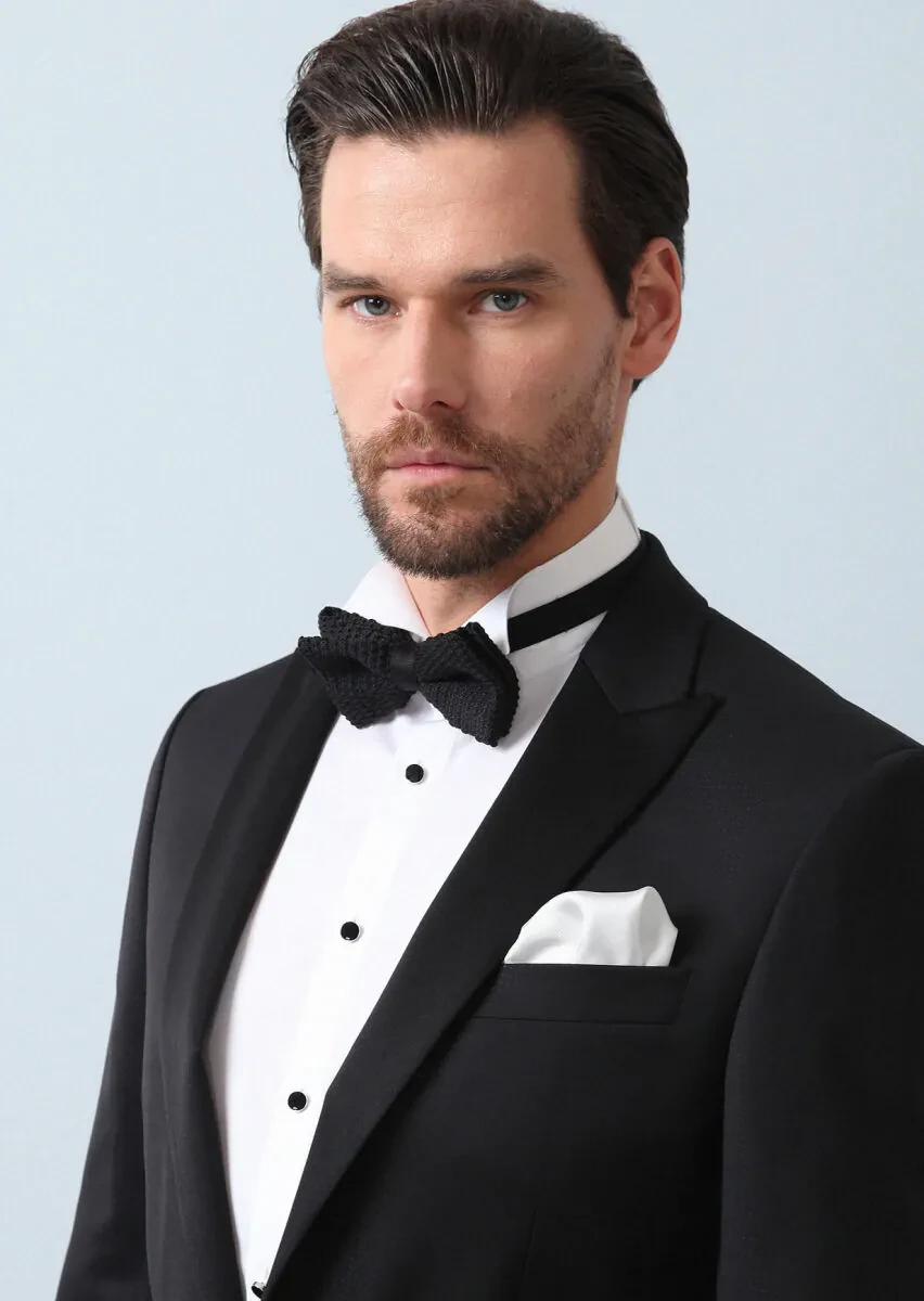 Black Patterned Modern Fit Double Breasted Collar Weaving Tuxedo - 1