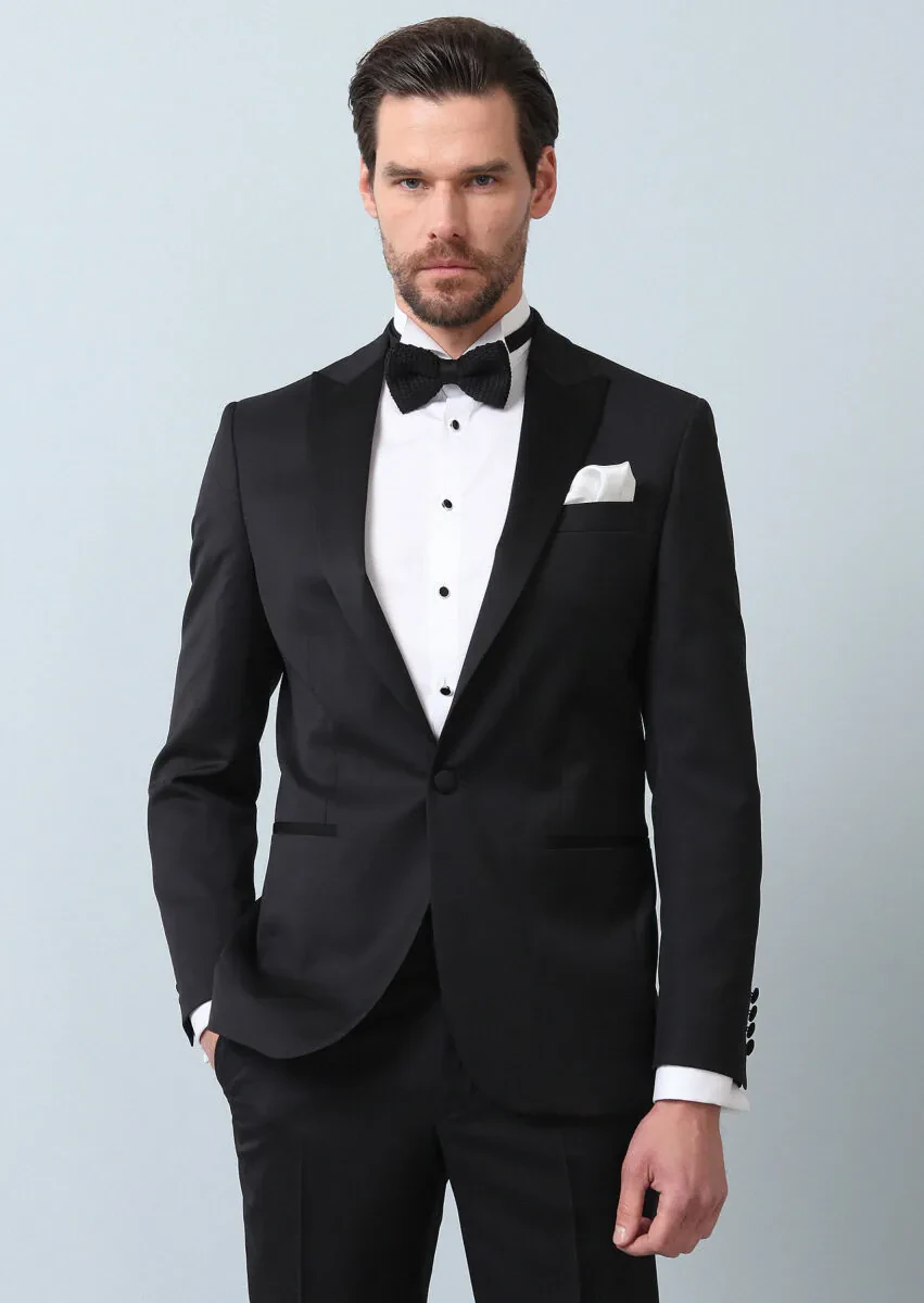 Black Patterned Modern Fit Double Breasted Collar Weaving Tuxedo - 2