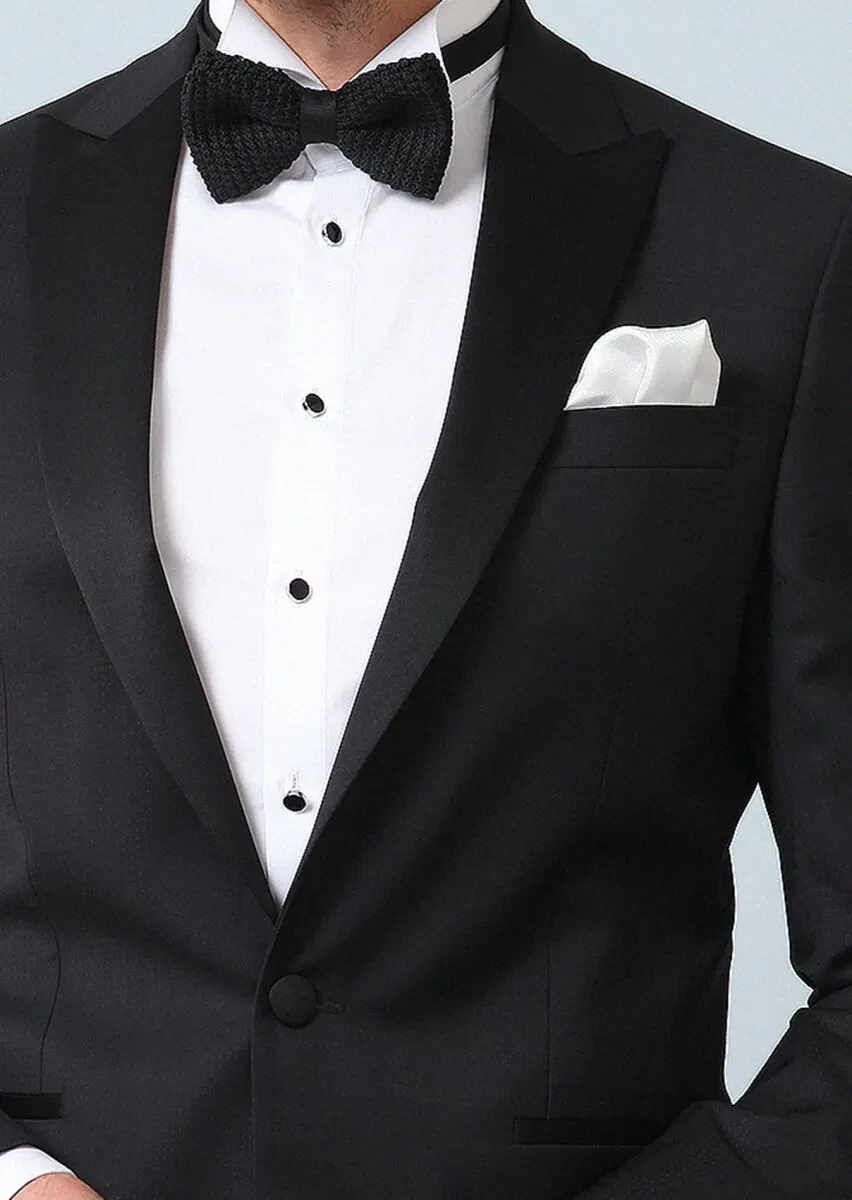 Black Patterned Modern Fit Double Breasted Collar Weaving Tuxedo - 3