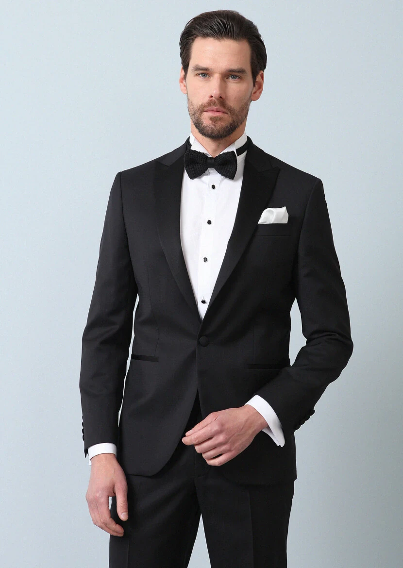 Black Patterned Modern Fit Double Breasted Collar Weaving Tuxedo - 4