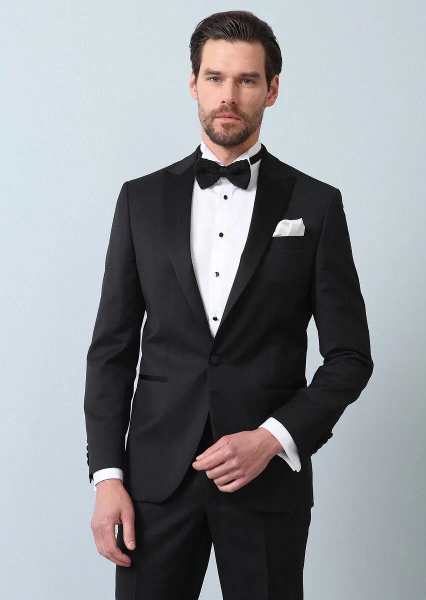 Black Patterned Modern Fit Double Breasted Collar Weaving Tuxedo - 4