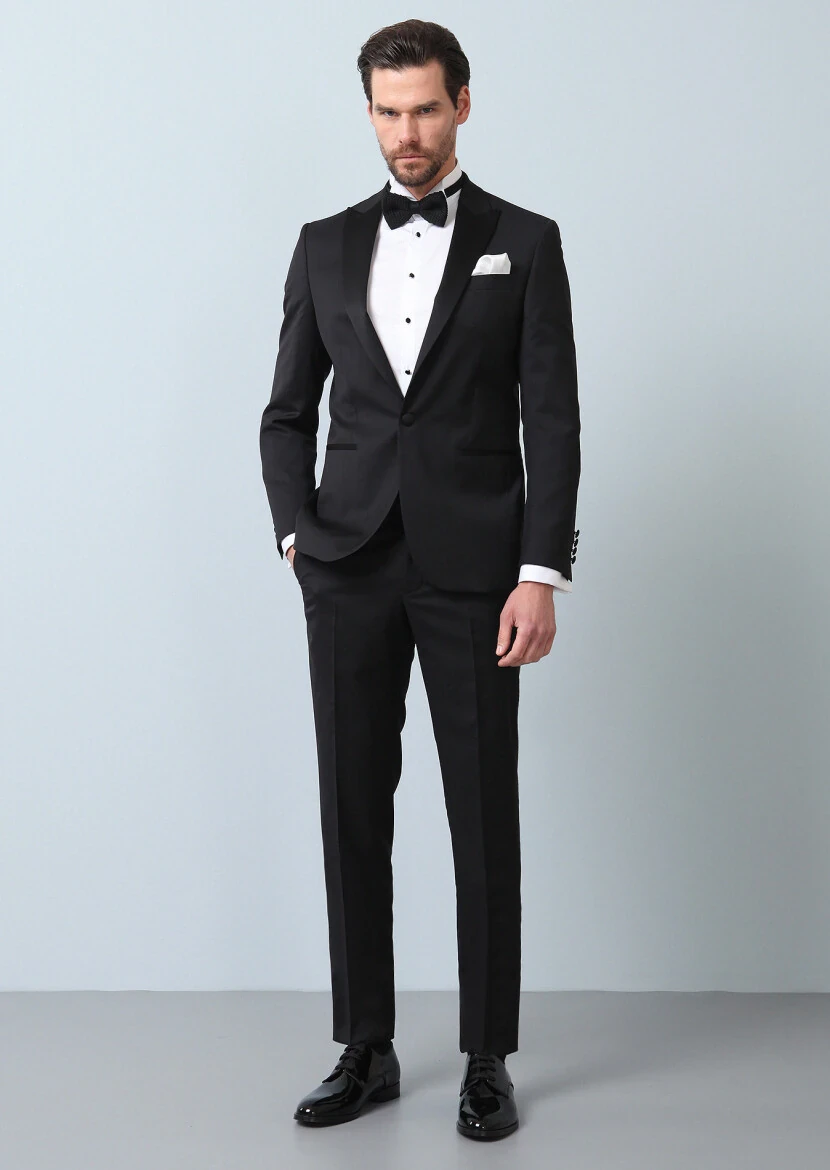 Black Patterned Modern Fit Double Breasted Collar Weaving Tuxedo - 5