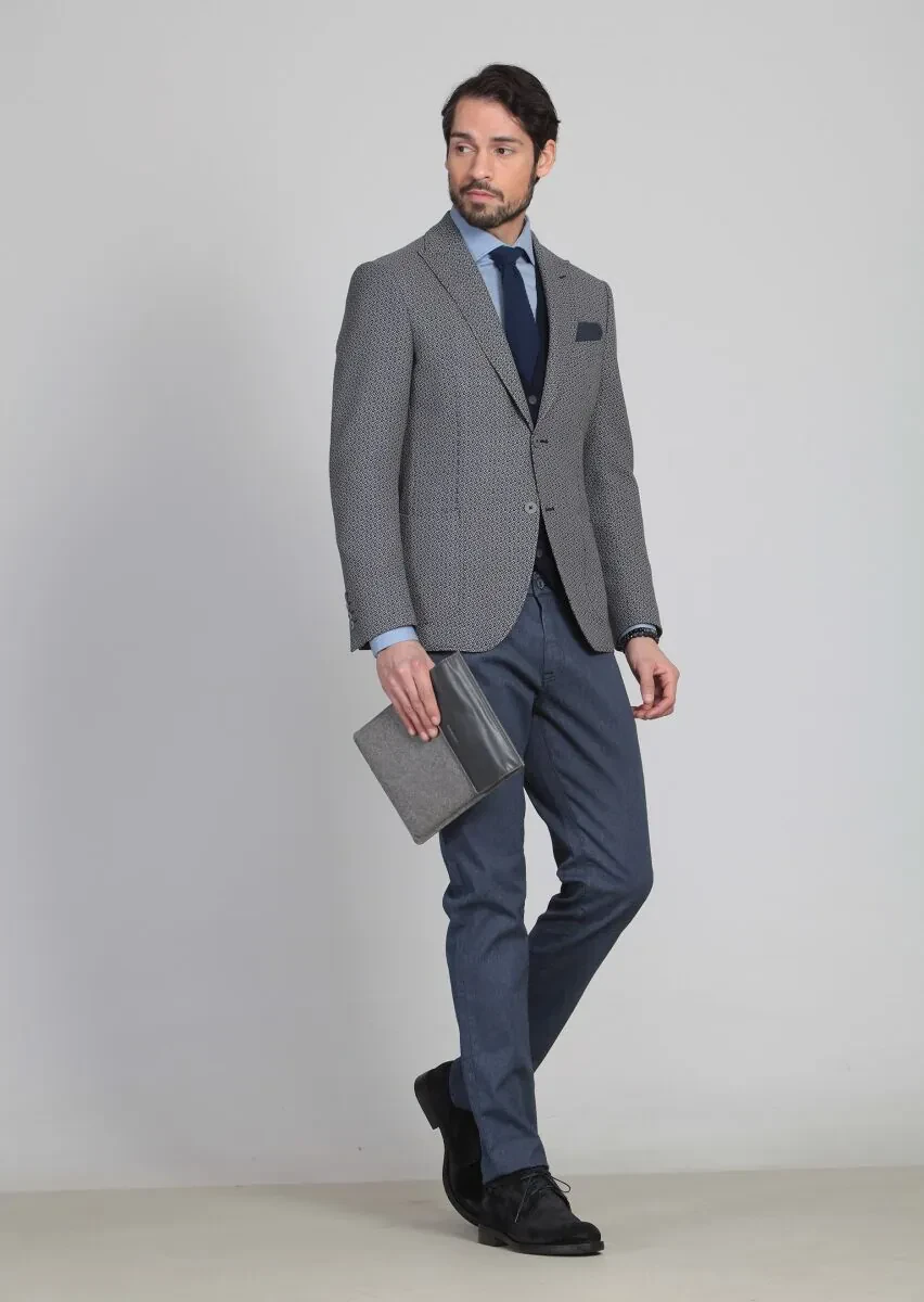 Black Patterned Regular Fit 100% Wool Jacket - 2