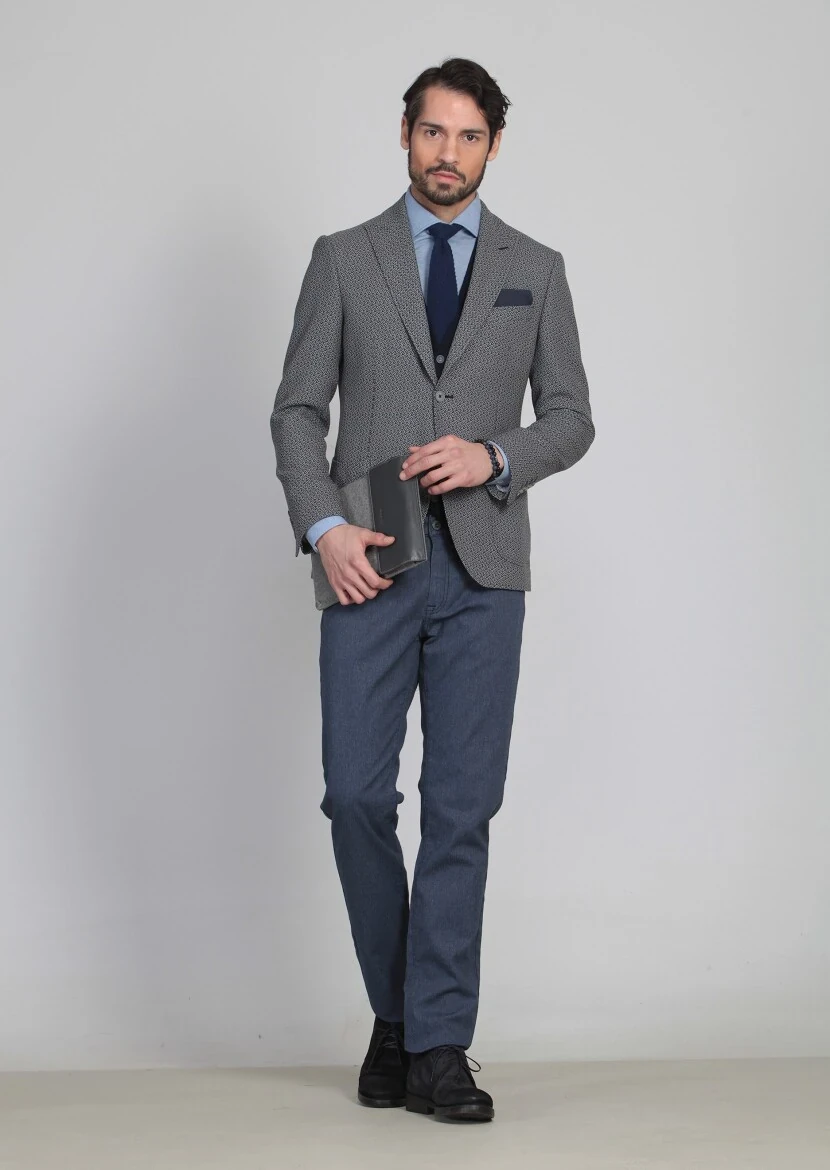 Black Patterned Regular Fit 100% Wool Jacket - 3