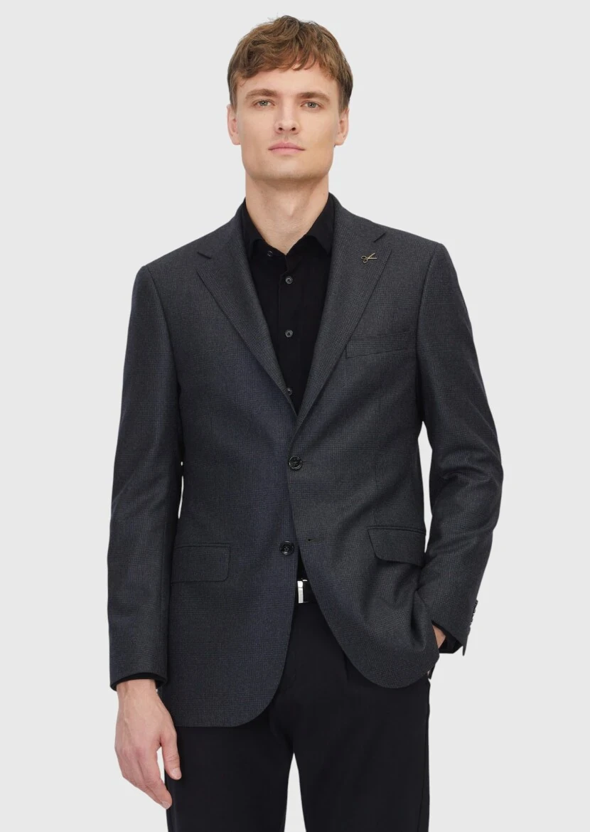 Black Patterned Regular Fit 100% Wool Jacket - RAMSEY
