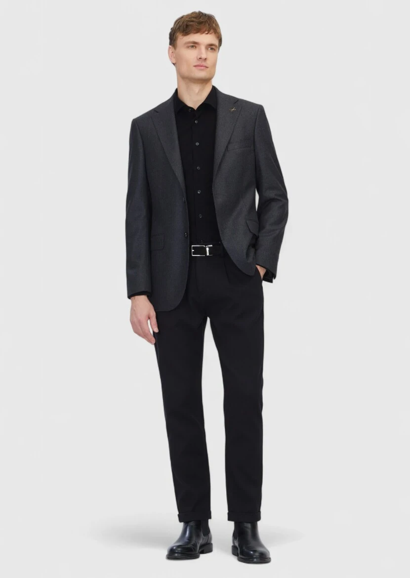 Black Patterned Regular Fit 100% Wool Jacket - RAMSEY