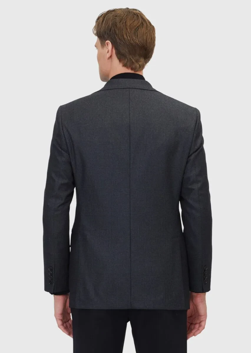 Black Patterned Regular Fit 100% Wool Jacket - 7
