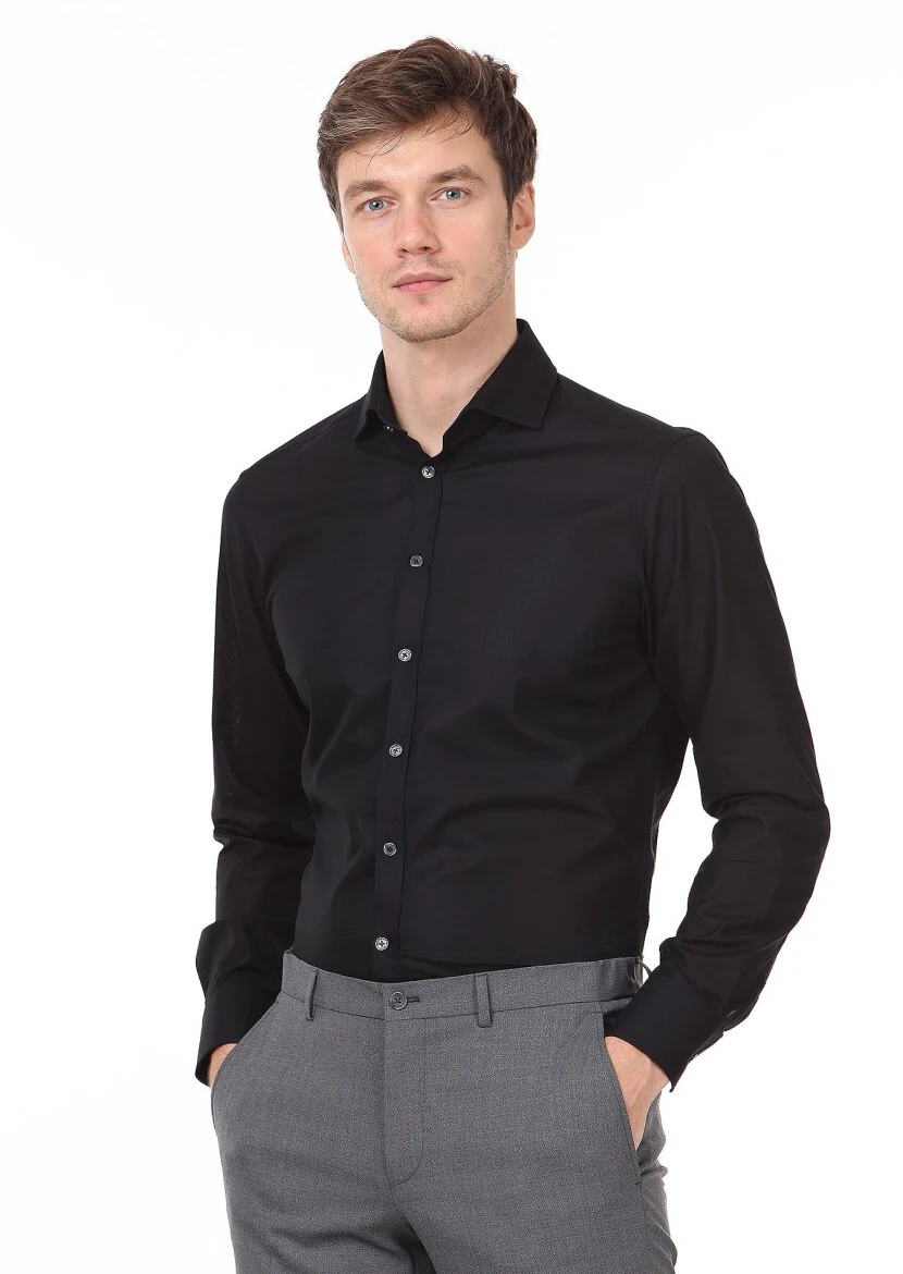 Black Patterned Regular Fit Weaving Classical 100% Cotton Shirt - RAMSEY