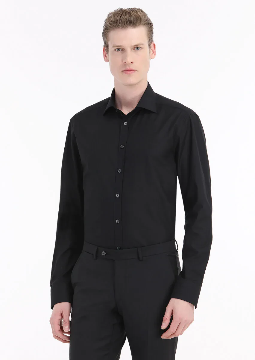Black Patterned Regular Fit Weaving Classical 100% Cotton Shirt - 1