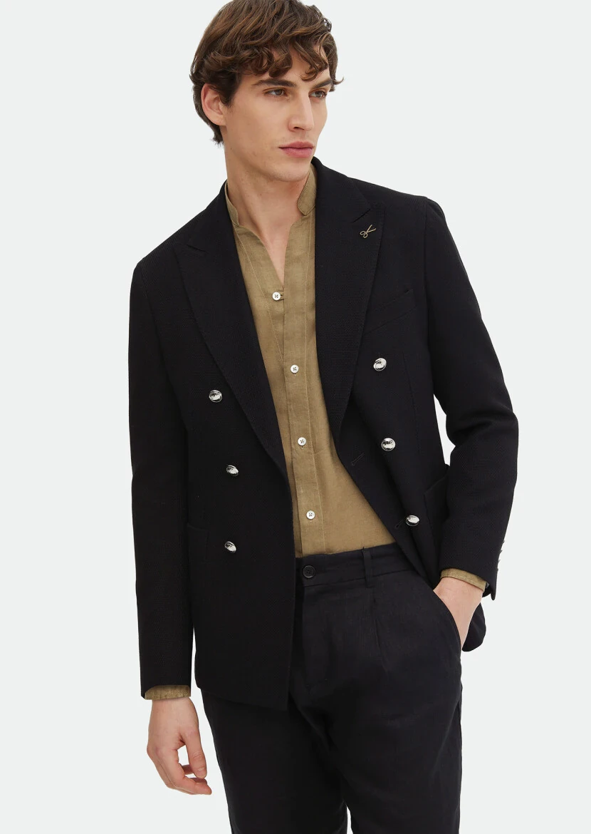 Black Patterned Shirt Shoulder Slim Fit Cotton Blended Jacket - RAMSEY