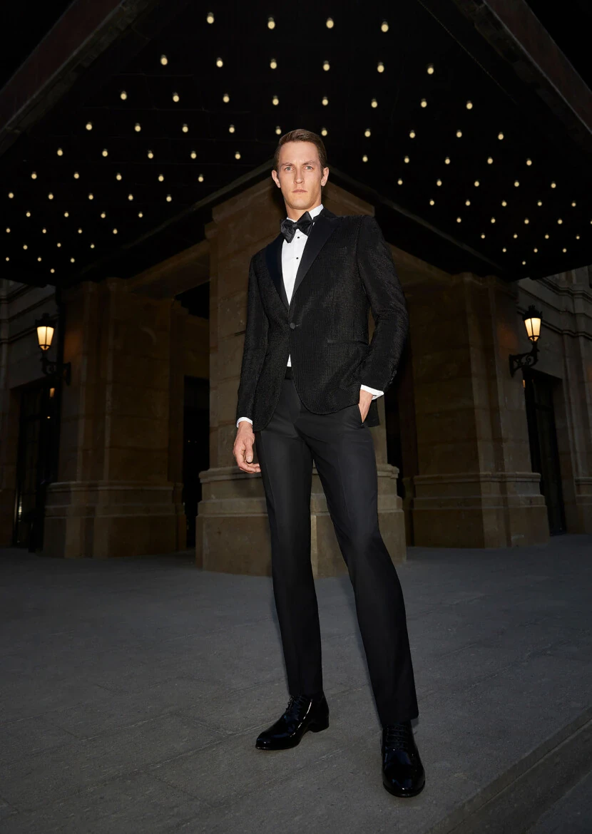 Black Patterned Thin&Taller Slim Fit Double Breasted Collar Weaving Tuxedo - RAMSEY