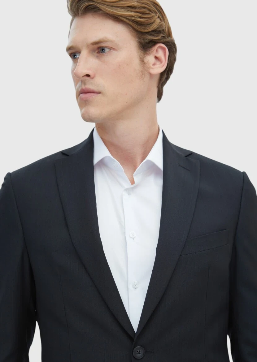 Black Patterned Zeroweight Slim Fit 100% Wool Suit - 3