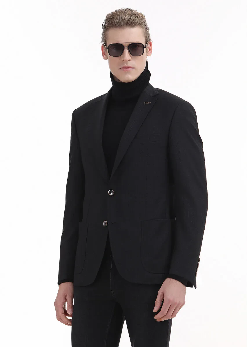 Black Patterned Zeroweight Slim Fit Wool Blended Jacket - 1