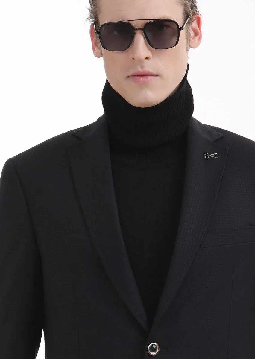 Black Patterned Zeroweight Slim Fit Wool Blended Jacket - 3