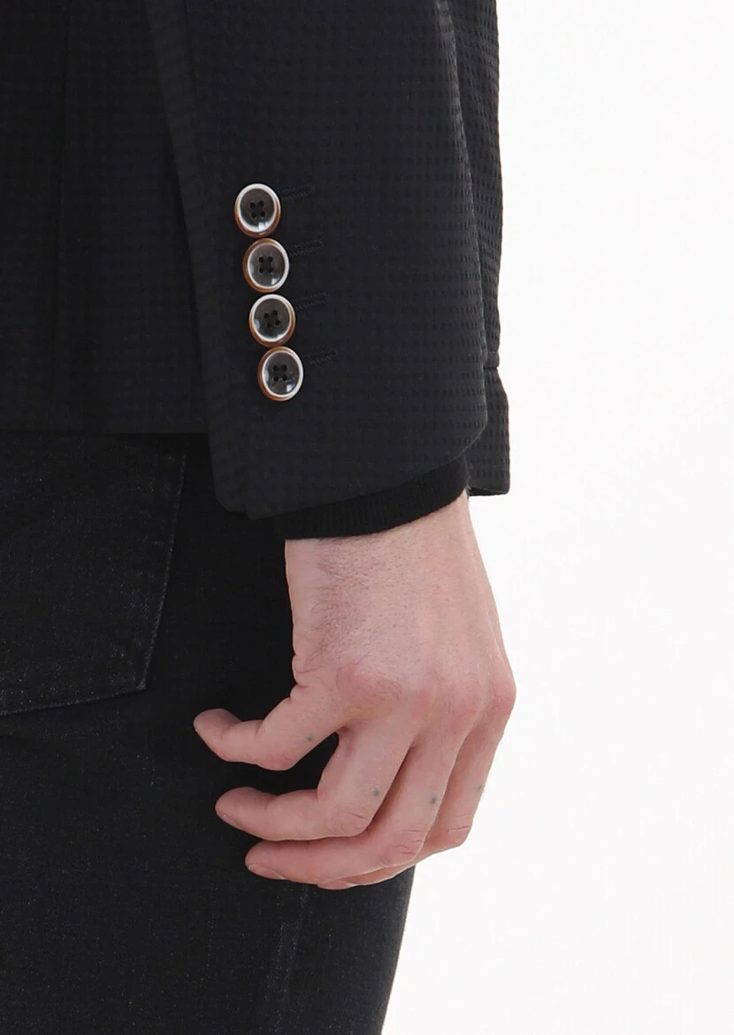 Black Patterned Zeroweight Slim Fit Wool Blended Jacket - 4