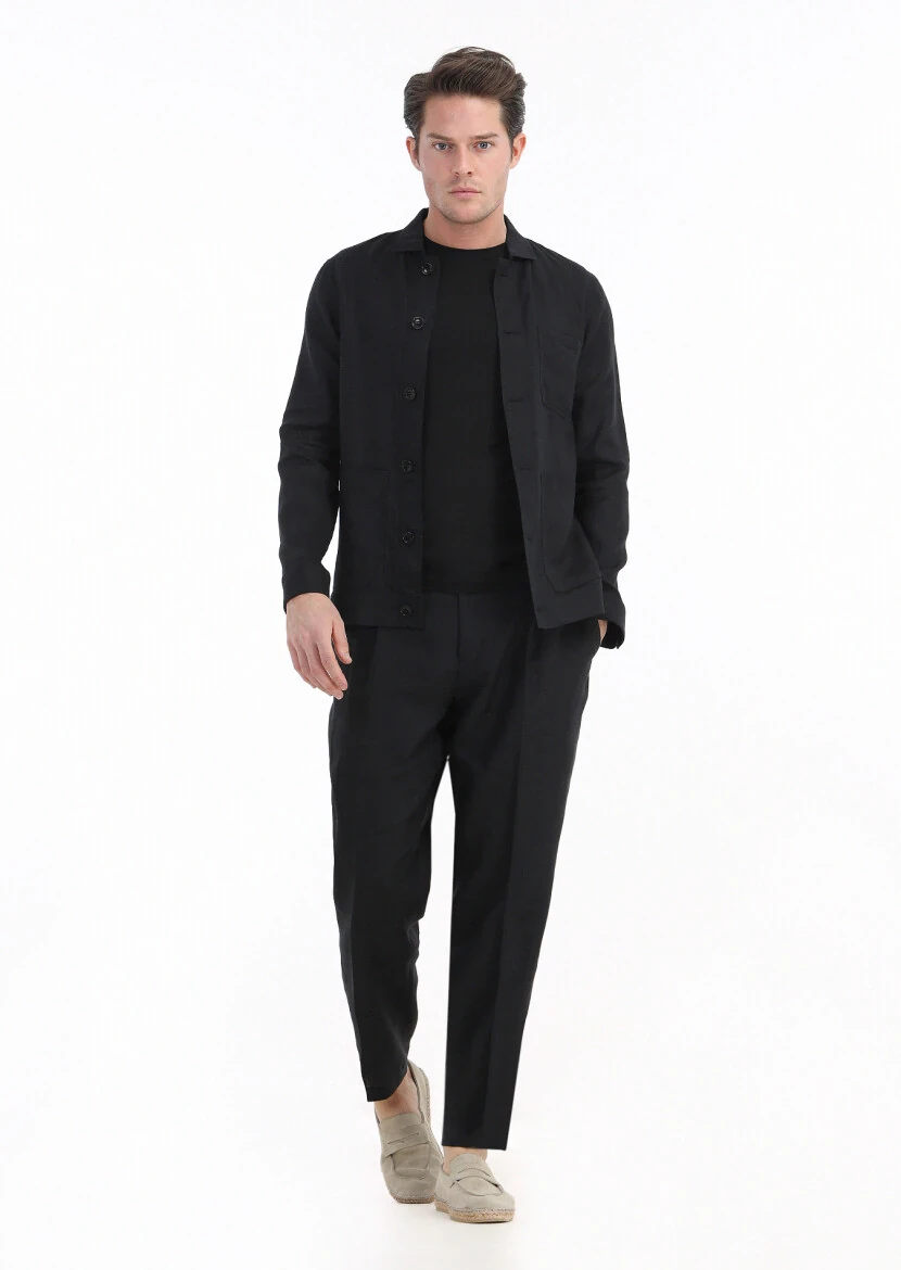 Black Plain Casual Fit 100% Linen Suit - RAMSEY