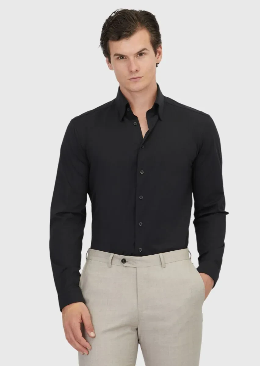 Black Plain Casual Fit Knitting Casual Cotton Blended Shirt - 1