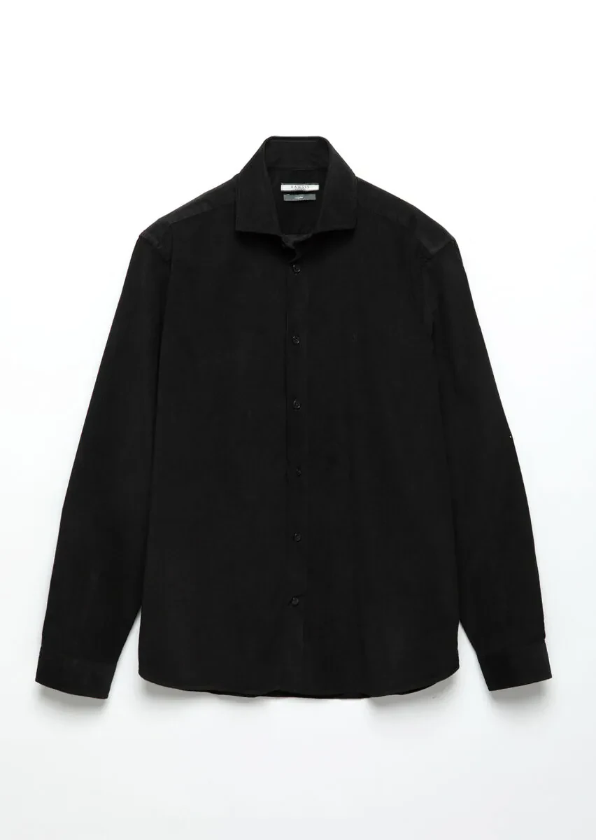 Black Plain Casual Fit Weaving Casual 100% Cotton Shirt - 7