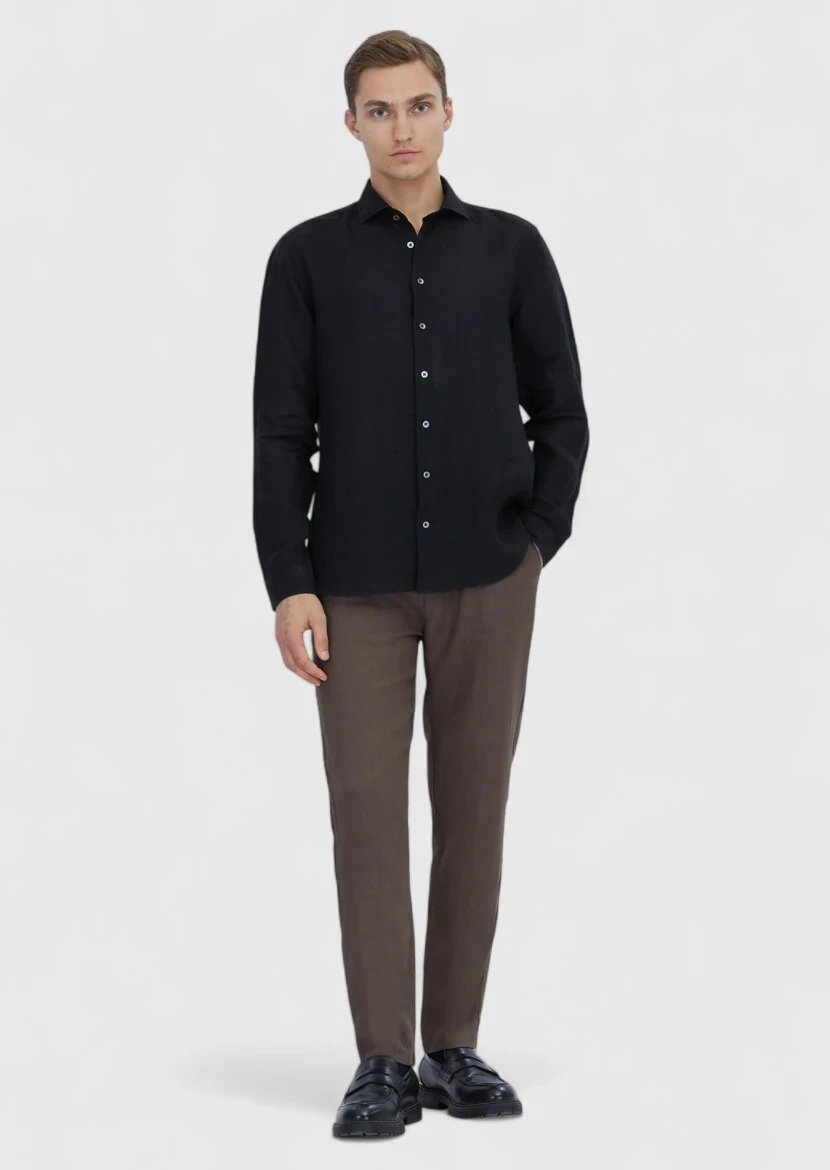 Black Plain Casual Fit Weaving Casual 100% Linen Shirt - RAMSEY