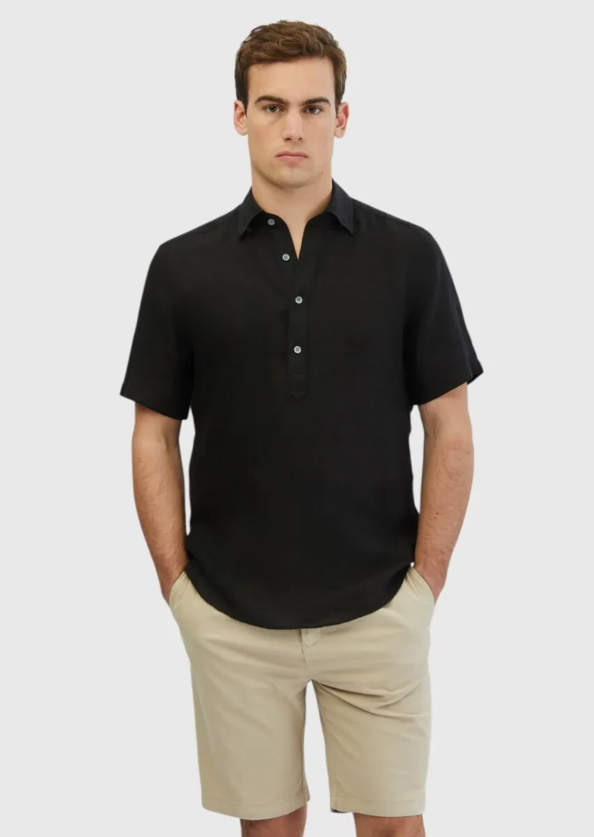 Black Plain Casual Fit Weaving Casual 100% Linen Shirt - 1