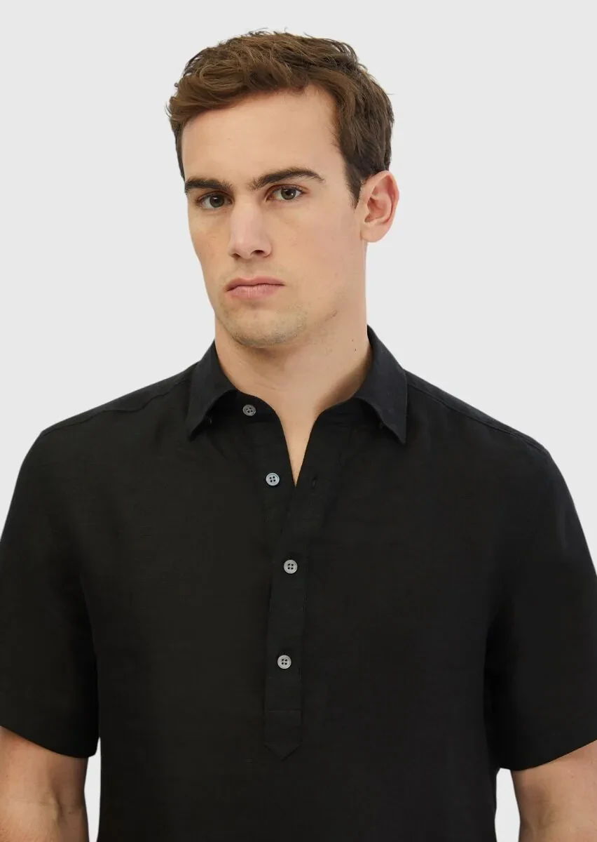 Black Plain Casual Fit Weaving Casual 100% Linen Shirt - 3