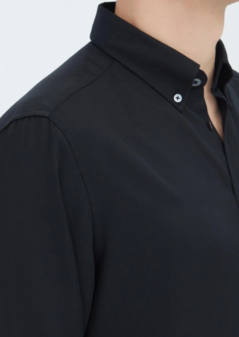 Black Plain Casual Fit Weaving Casual Shirt - 4
