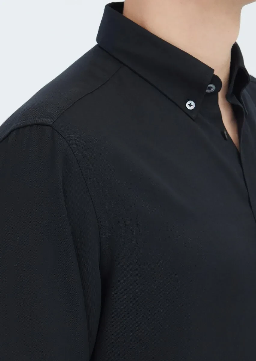 Black Plain Casual Fit Weaving Casual Shirt - 4