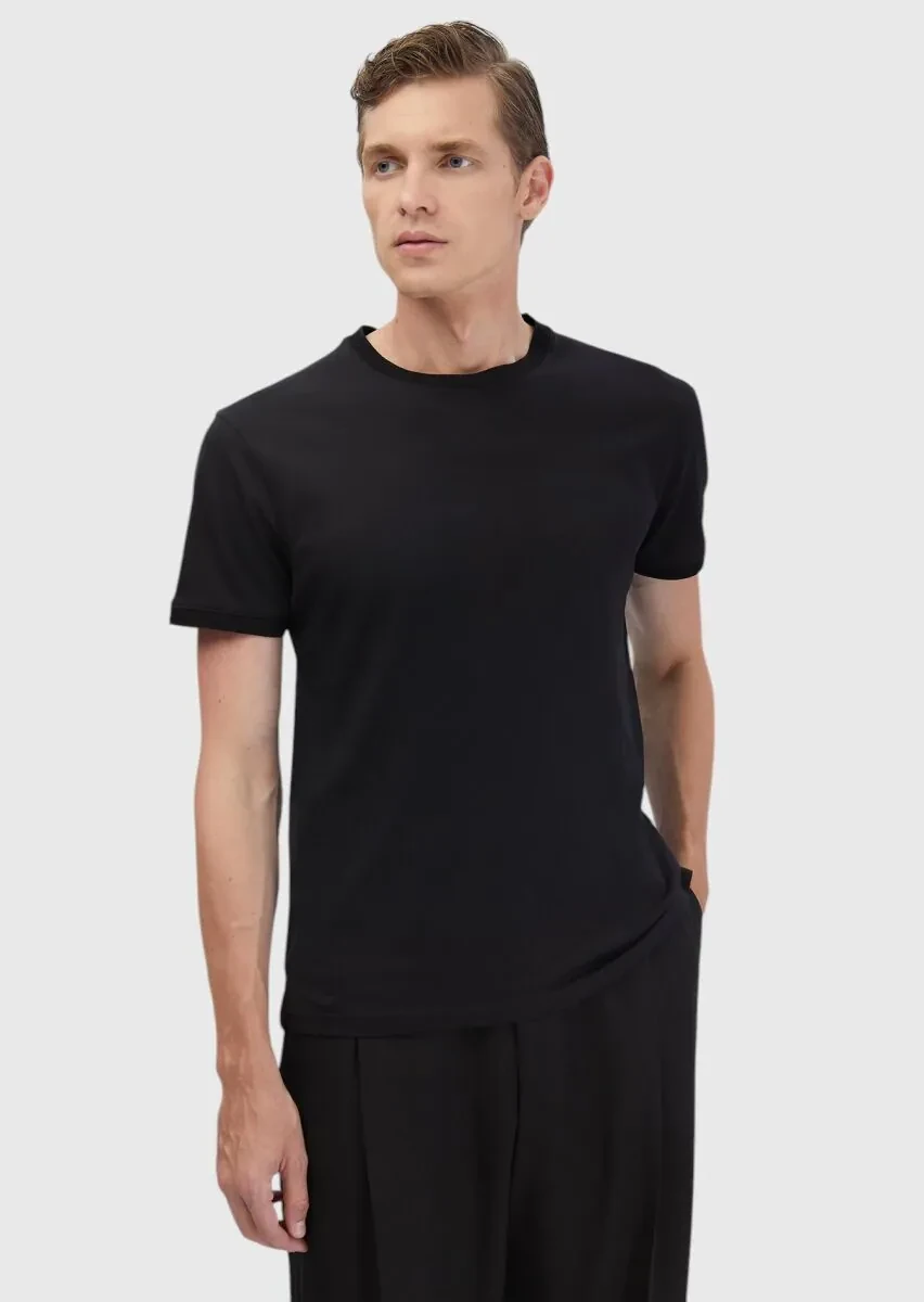 Black Plain Crew Neck 100% Cotton T-Shirt - 2